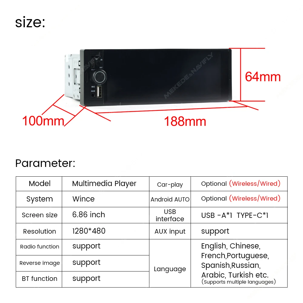 NaviFly 6,86'' 1Din Autoradio Multimedia Player MP5 FM Radio – Bild 6