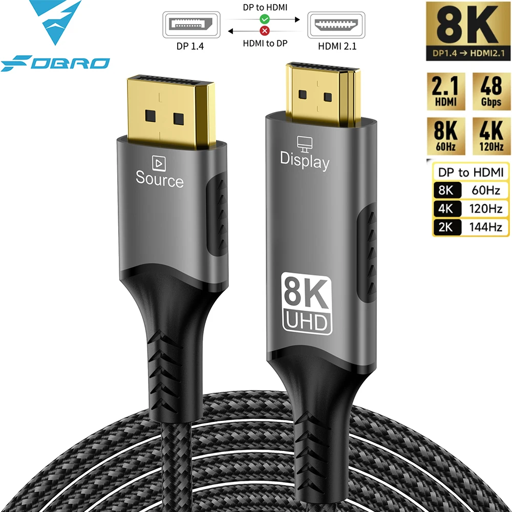 DisplayPort zu HDMI-kompatibles Kabel DP1.4 zu HDMI 2.1 Konverter 8K@60Hz 4K@120Hz HDR für Desktop-Laptop PC