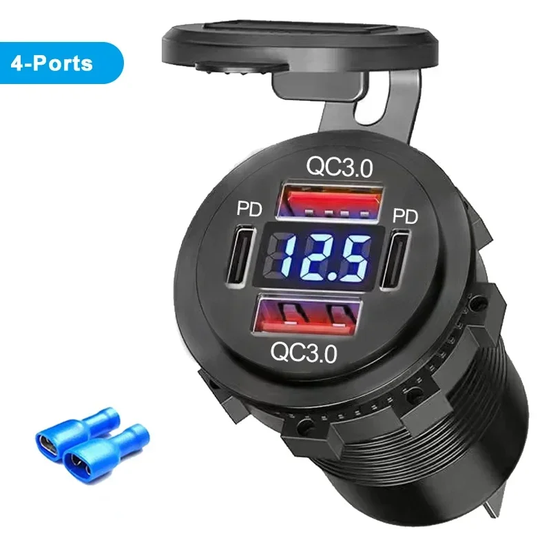 96W Dual PD QC3.0 USB Auto Motorrad Ladegerät mit Voltmeter Buchse Steckdose Adapter Wasserdicht für 12V/24V