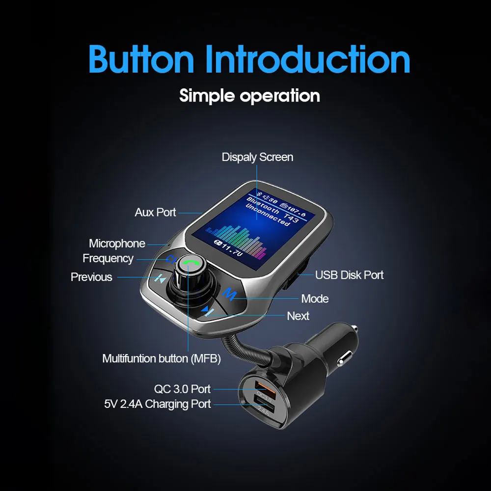 Bluetooth FM-Transmitter Freisprecheinrichtung 1,8'' TFT-Display – Bild 6