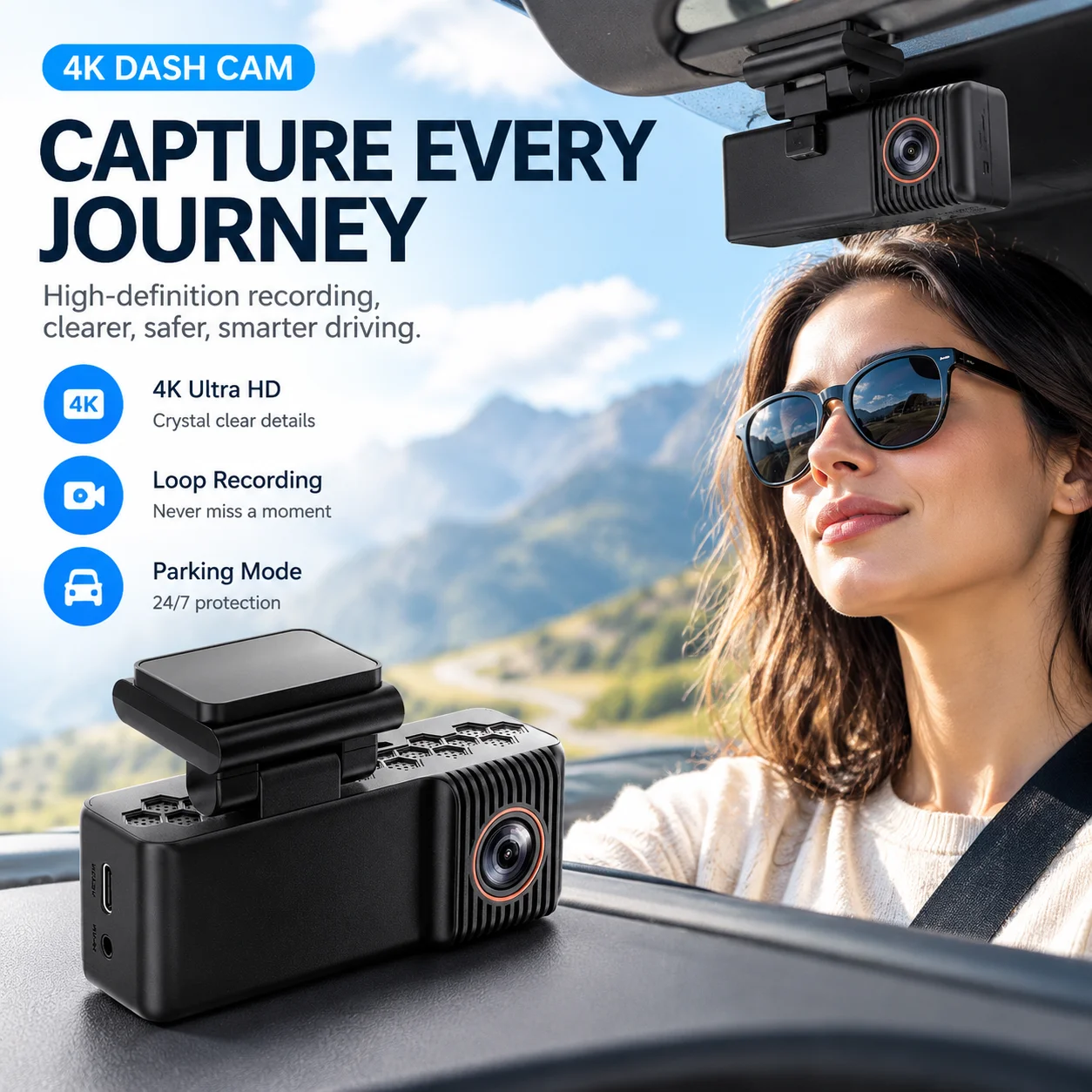 4K-Dashcam mit Parküberwachung, Nachtsicht, intelligenter Sprachsteuerung, 24-Stunden-Automatik-DVR, klein