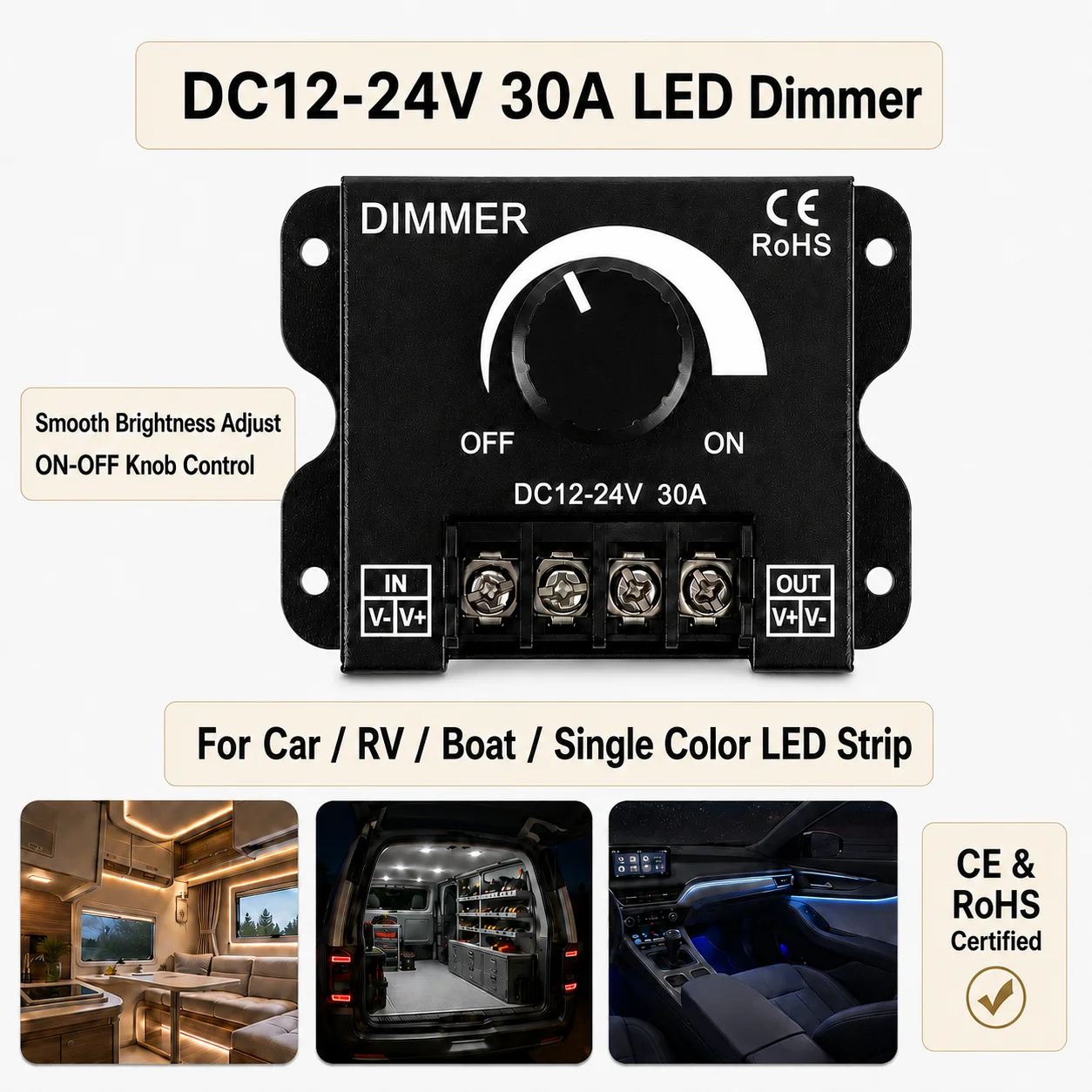 LED-Dimmer-Schalter, DC 12 V, 24 V, 8 A/30 A, Helligkeit einstellbarer – Bild 2