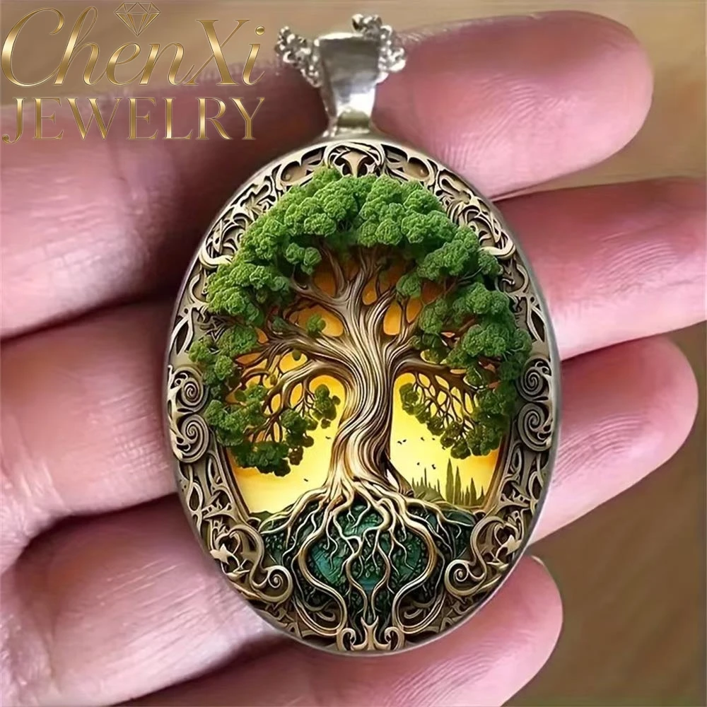 Bohemian-Stil Großer Baum-Oval-Glaslegierungs-Anhänger Luxuriöser – Bild 3