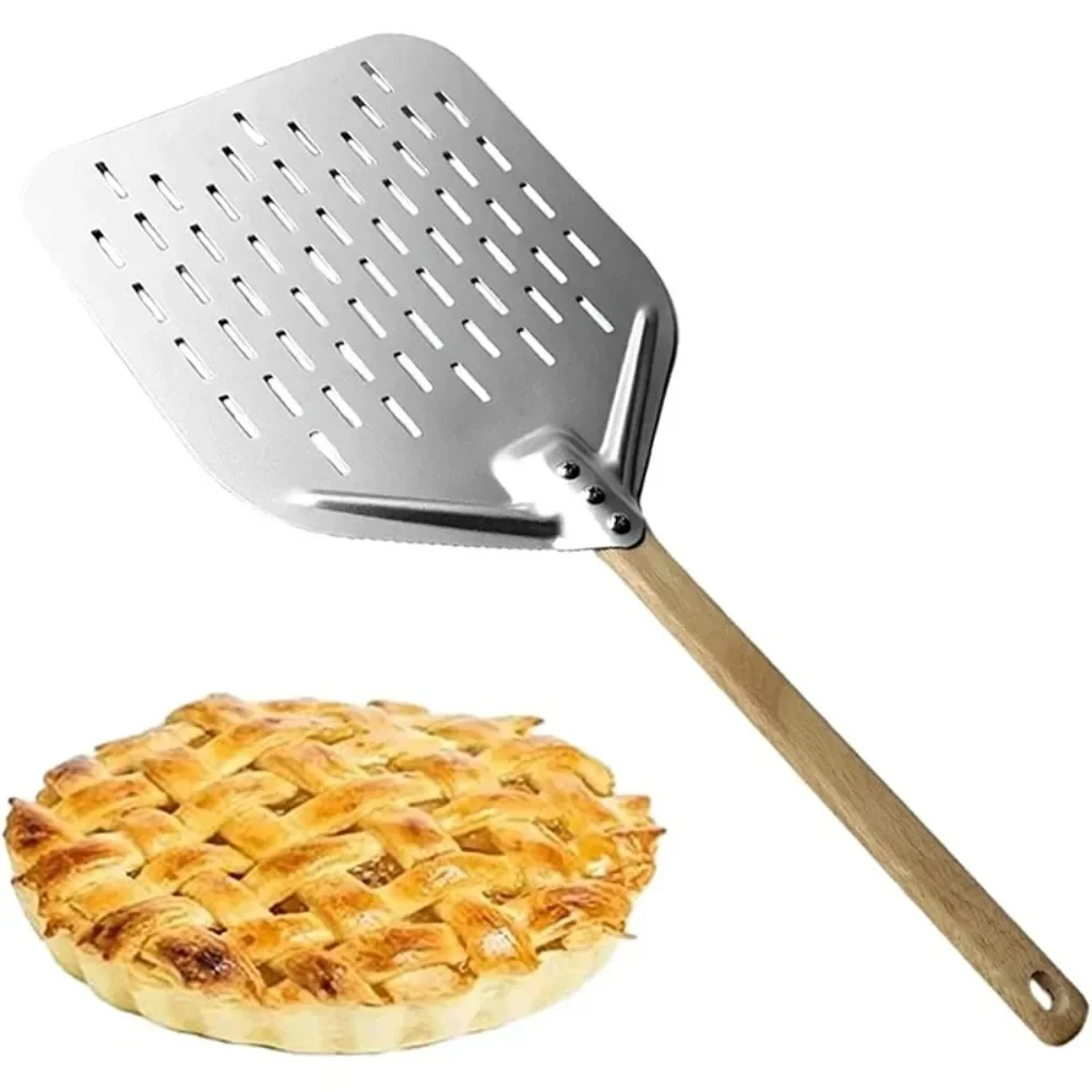 12-Zoll-Pizzaschaufel aus Metall, antihaftbeschichtet, Pizzaschale mit Holzgriff, Transfertablett