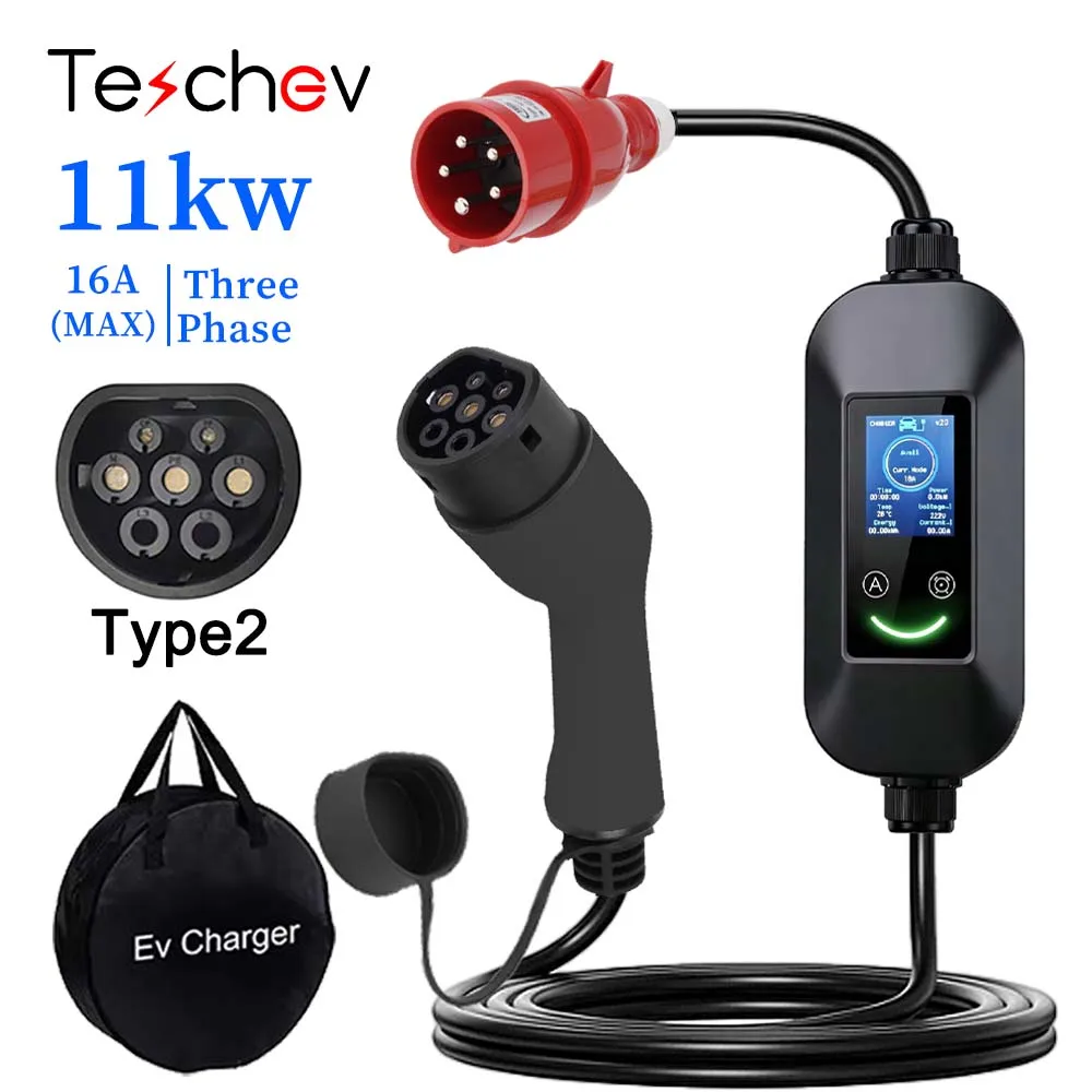 Teschev EV-Ladegerät Typ 2 11kW 16A 3-Phasen-Ladekabel Elektrofahrzeug-Ladegerät CEE-Stecker auf Typ 2