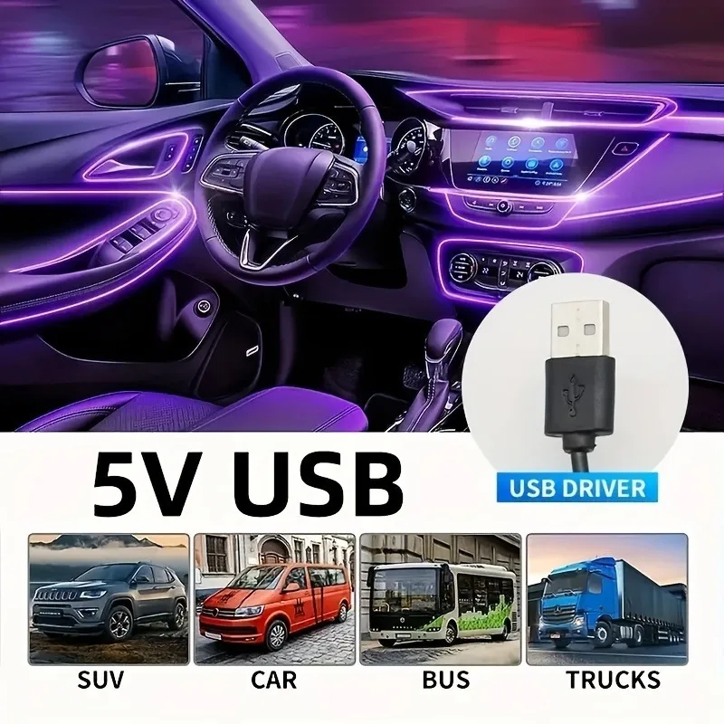 5M Autoumgebung El Wire LED USB Flexible Neon Innenbeleuchtung Auto – Bild 3
