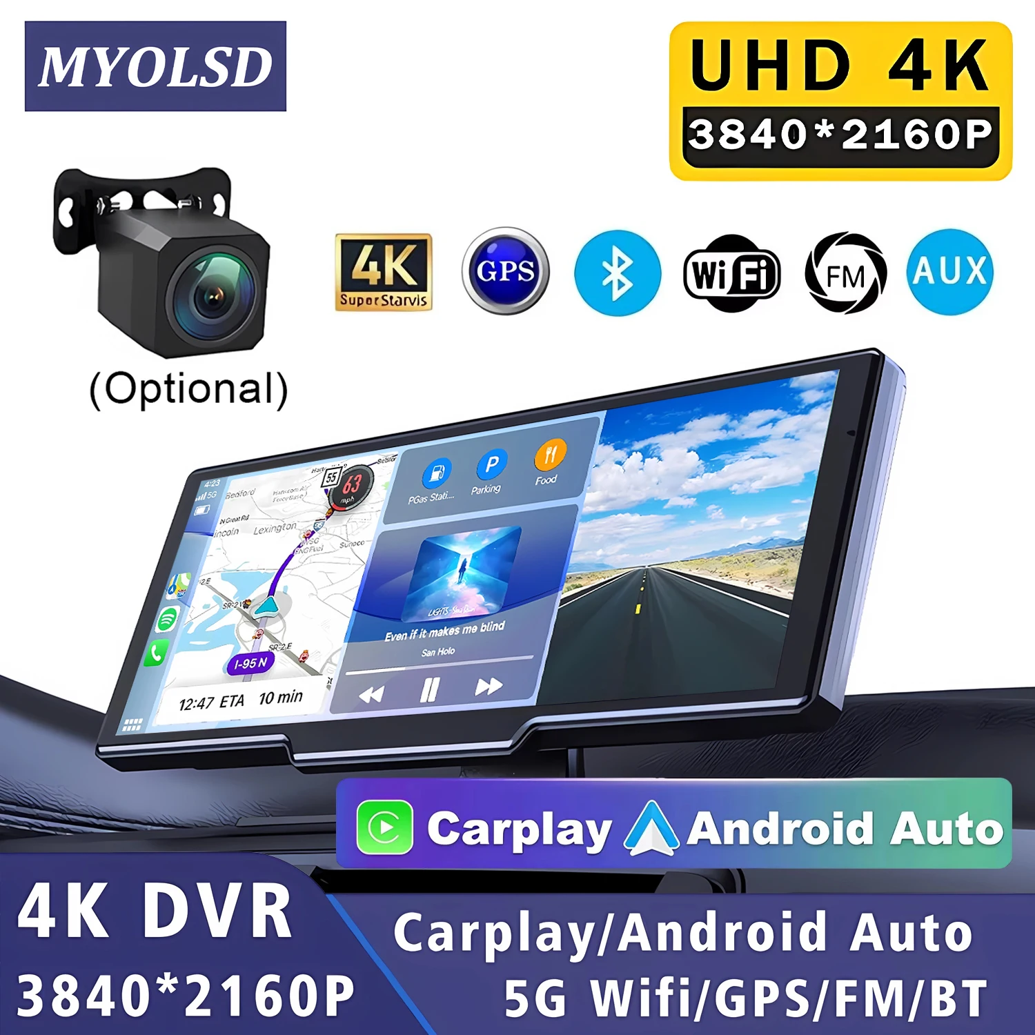 Dashcam 4K 3840*2160P Auto-DVR Carplay Android Auto GPS 5G WIFI Stream Rückspiegel Dashcam Kamera
