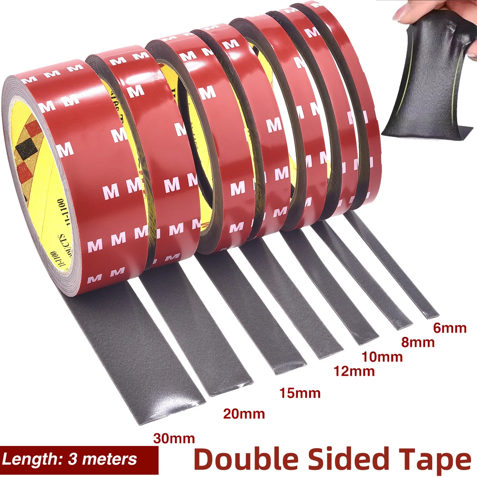 Extra starker doppelseitiger Klebeband, 3 m lang, 6-30 mm dick, Acrylschaum-Klebeband-Aufkleber für Auto