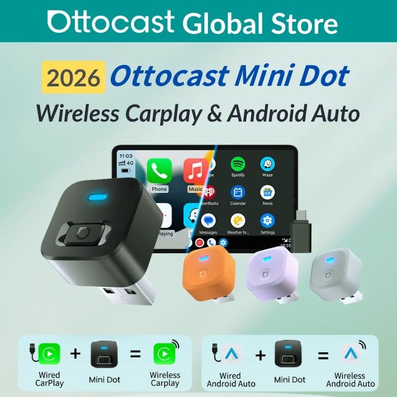 Ottocast Express Mini Dot Kabelloser Carplay-Adapter Android Auto Dongle Kabelgebunden zu Kabellos WiFi 6 Plug