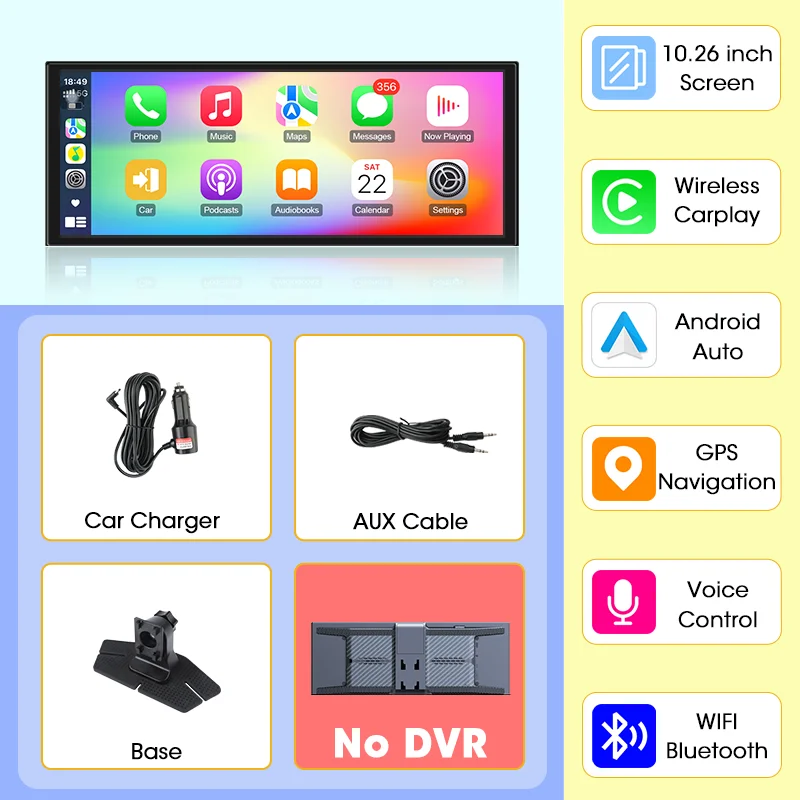 10,26-Zoll-4K-Dashcam mit CarPlay und Android Auto, 360°-Drehung, 5G-Wi-Fi, GPS-Navigation, FM/AUX