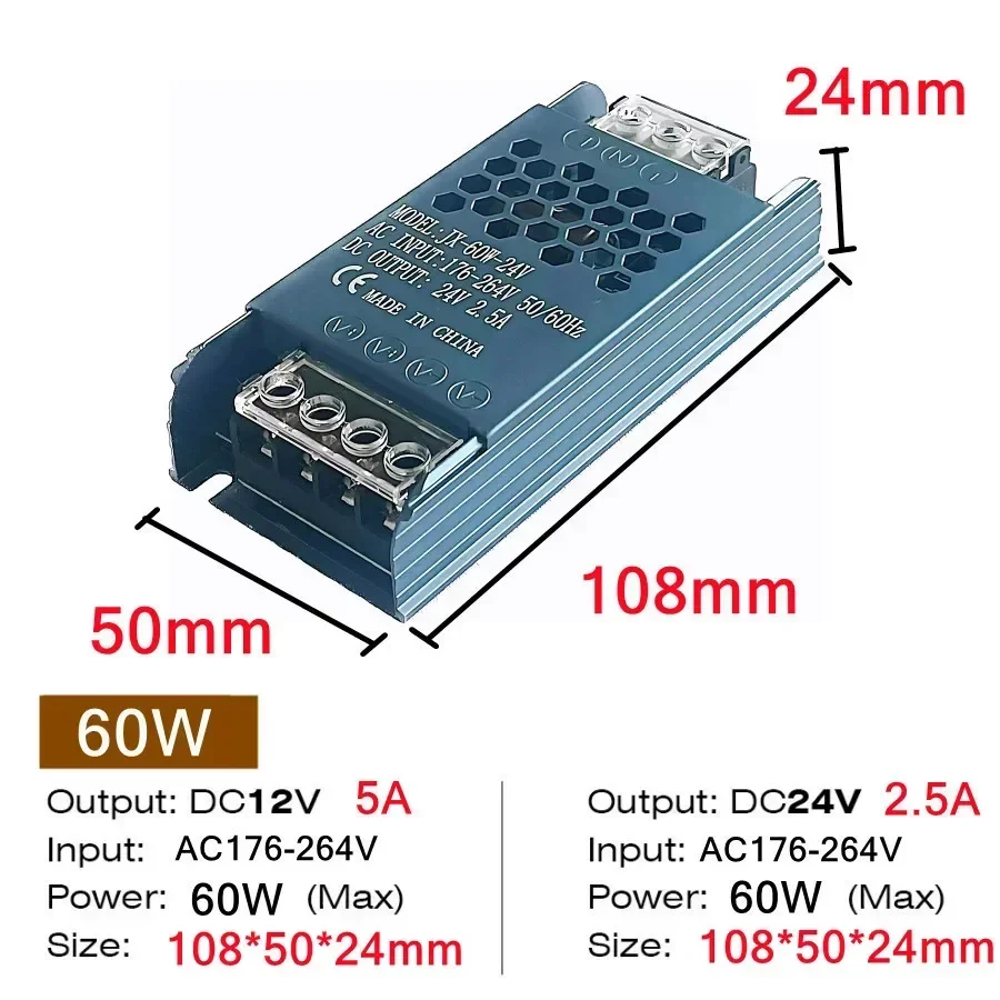 Ultradünner Beleuchtungstransformator DC12V/24V Netzteiladapter 5A 12A LED-Streifen-Schaltertreiber Lampe 60W