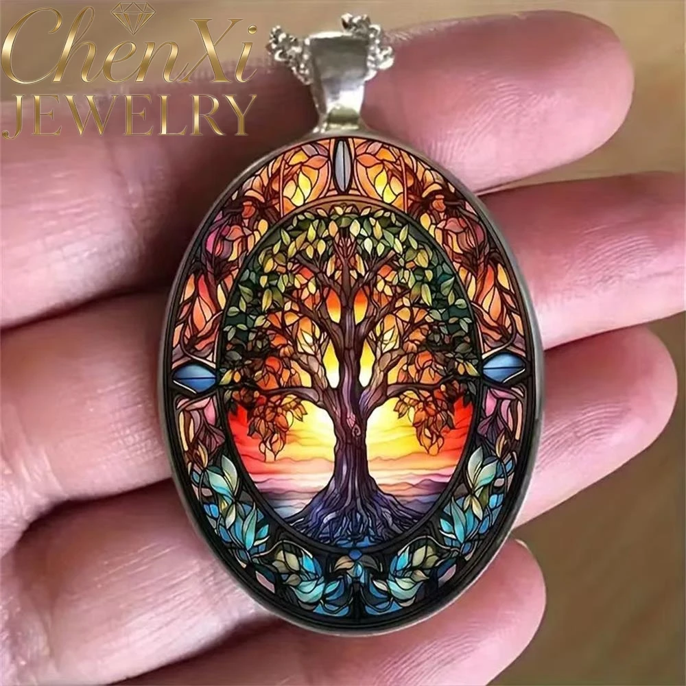 Bohemian-Stil Großer Baum-Oval-Glaslegierungs-Anhänger Luxuriöser – Bild 4