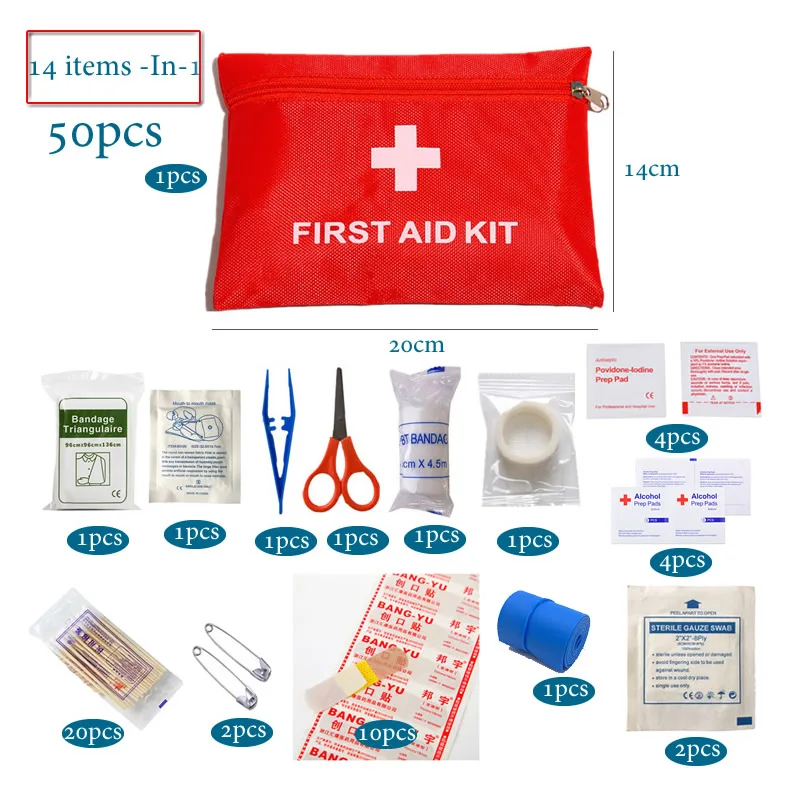 Set, tragbares Erste-Hilfe-Set, rotes Auto-Notfallset, Zubehör für Zuhause, Familie, Reisen (50 Stück)