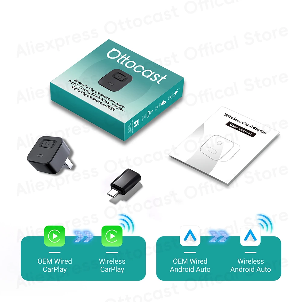 OTTOCAST Mini Dot Cube Wireless CarPlay Android Auto Adapter 2 in 1 USB AI Autozubehör für Totoya VW Benz