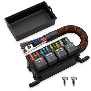 DaierTek 12V Relais-Sicherungskasten mit 12 ATO/ATC-Sicherungen und 4-Wege-Relaisblock mit vorverdrahtetem