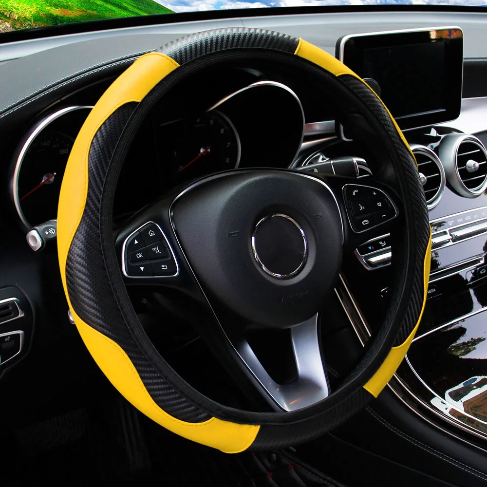 Universal Fit PU Carbon Faser Leder Auto Lenkrad Abdeckung 14,5-15 Zoll Kein Innenring Erforderlich Fahrzeug