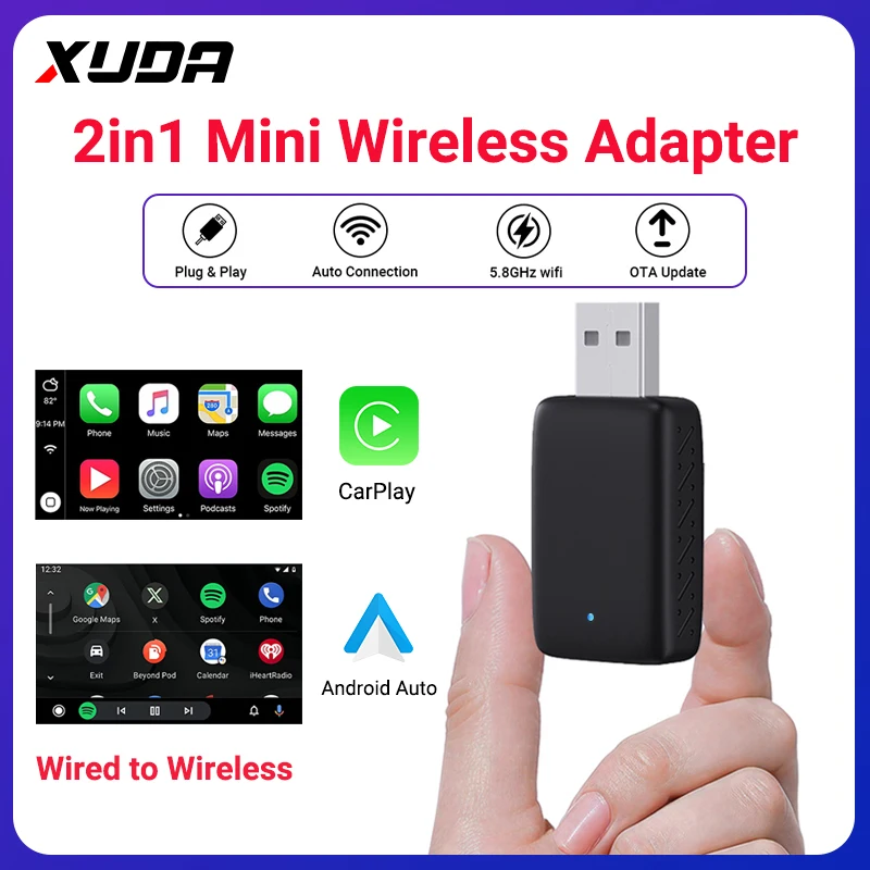 2026 NEU Kabelgebundenes zu Kabelloses CarPlay und Android Auto 2-in-1 Mini-Adapter 5GHz WiFi5 für 99% der