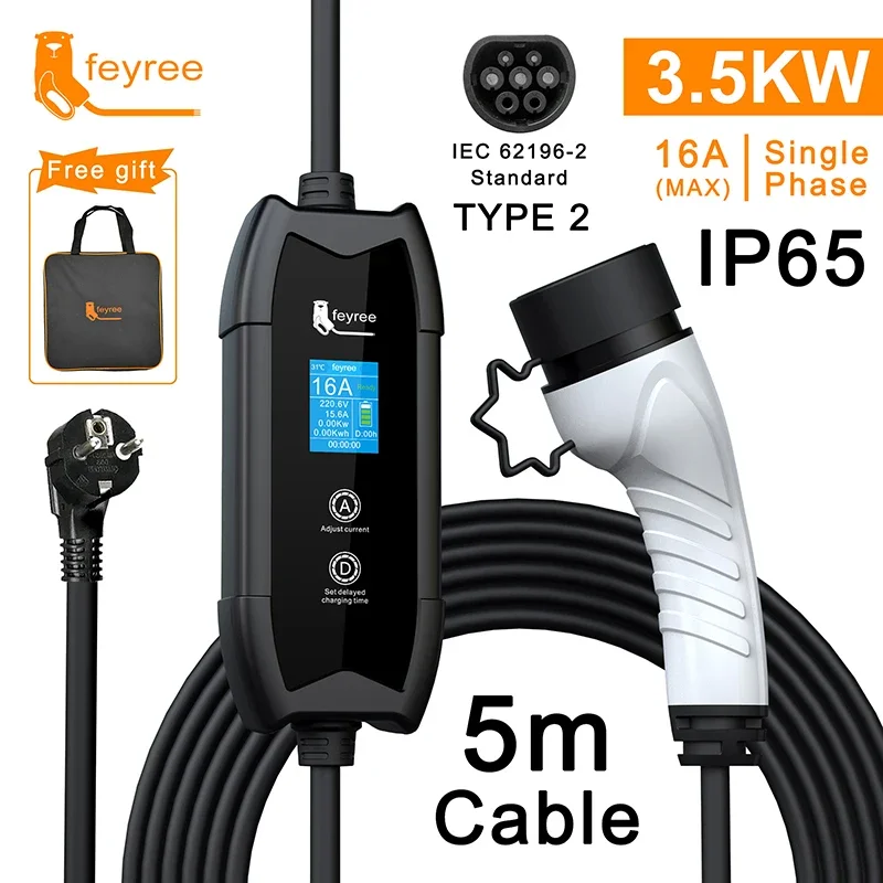 Feyree EV-Ladegerät Typ2 16 A 3,5 kW tragbare Ladebox 5 m Kabel GBT-Buchse Typ1 J1772 Adapter