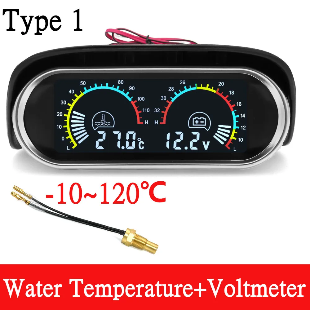 12V/24V 2-in-1 LCD-Anzeige für Auto und LKW: Wassertemperaturanzeige + Voltmeter mit 1/8 NPT Temperatursensor
