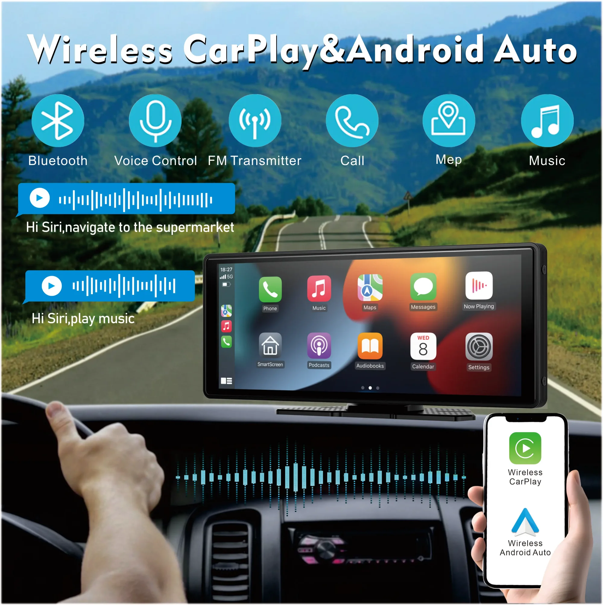 Universeller tragbarer kabelloser Carplay-Bildschirm für das Auto mit Android Auto-Touchscreen-Autoradiosystem