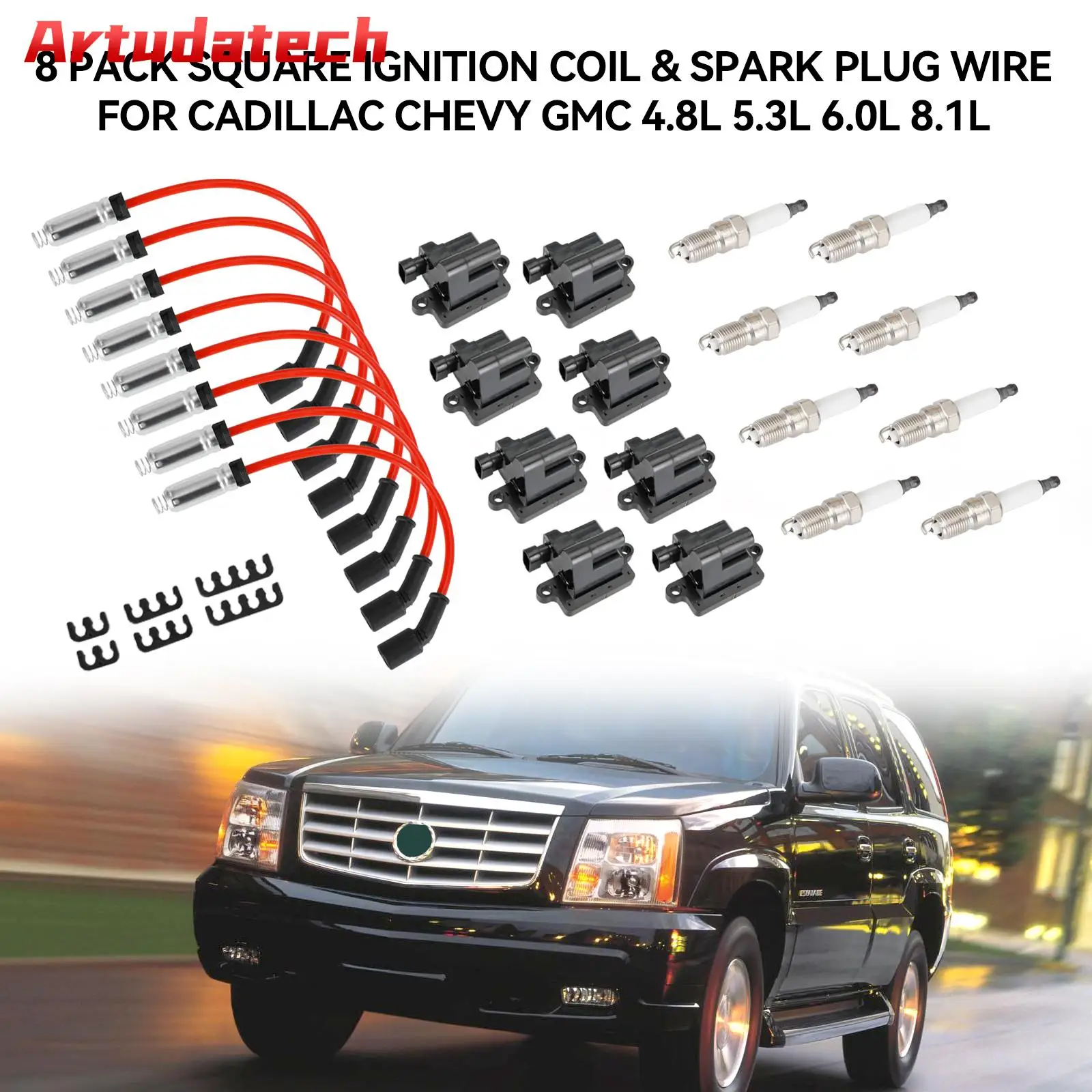 Artudatech 8er-Pack quadratische Zündspule und Zündkerzenkabel für Chevy GMC 4.8L 5.3L 6.0L 8.1L Autozubehör