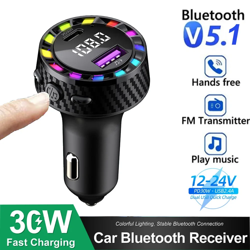 Auto Bluetooth 5.3 FM-Transmitter Autoladegerät Audio Dual USB Typ C Schnellladegerät Farbiges Licht