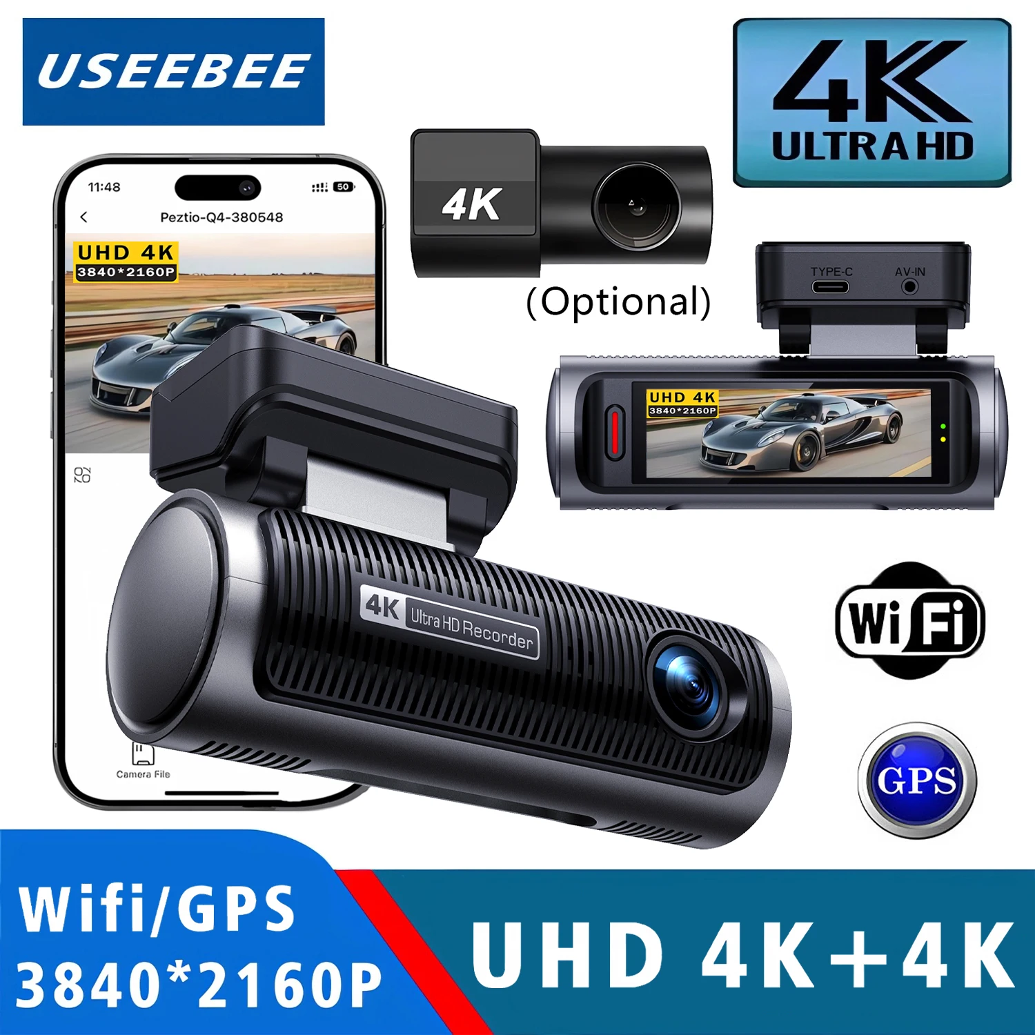 Dashcam 3840*2160P 4K + 4K Dual-Objektiv Auto-DVR-Kamera mit 5G WiFi GPS Dashcam Black Box Videoaufzeichnung