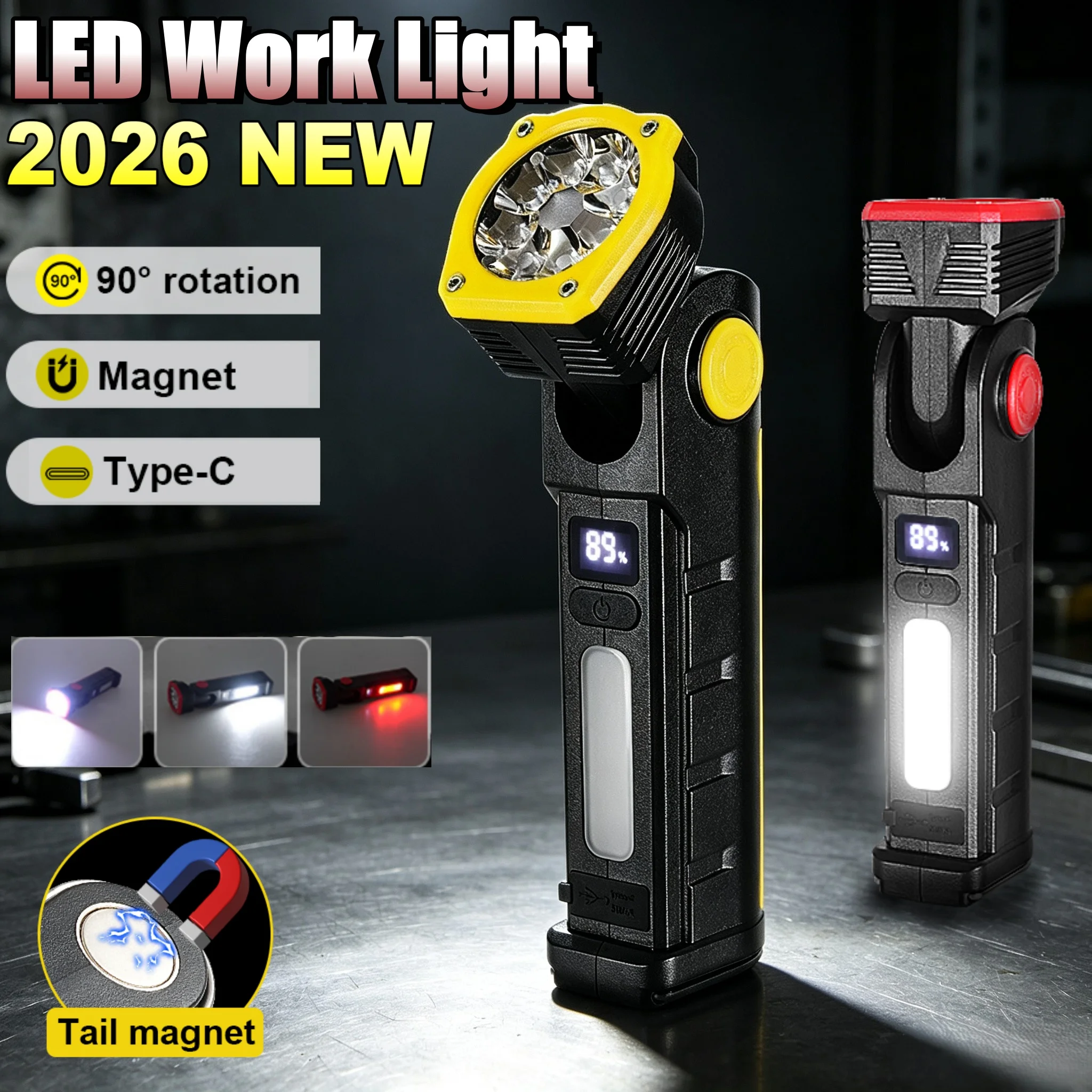 LED-Arbeitsleuchte 90 ° Drehbare Magnetische Taschenlampe USB-Aufladbar COB-Licht Tragbare Taschenlampe