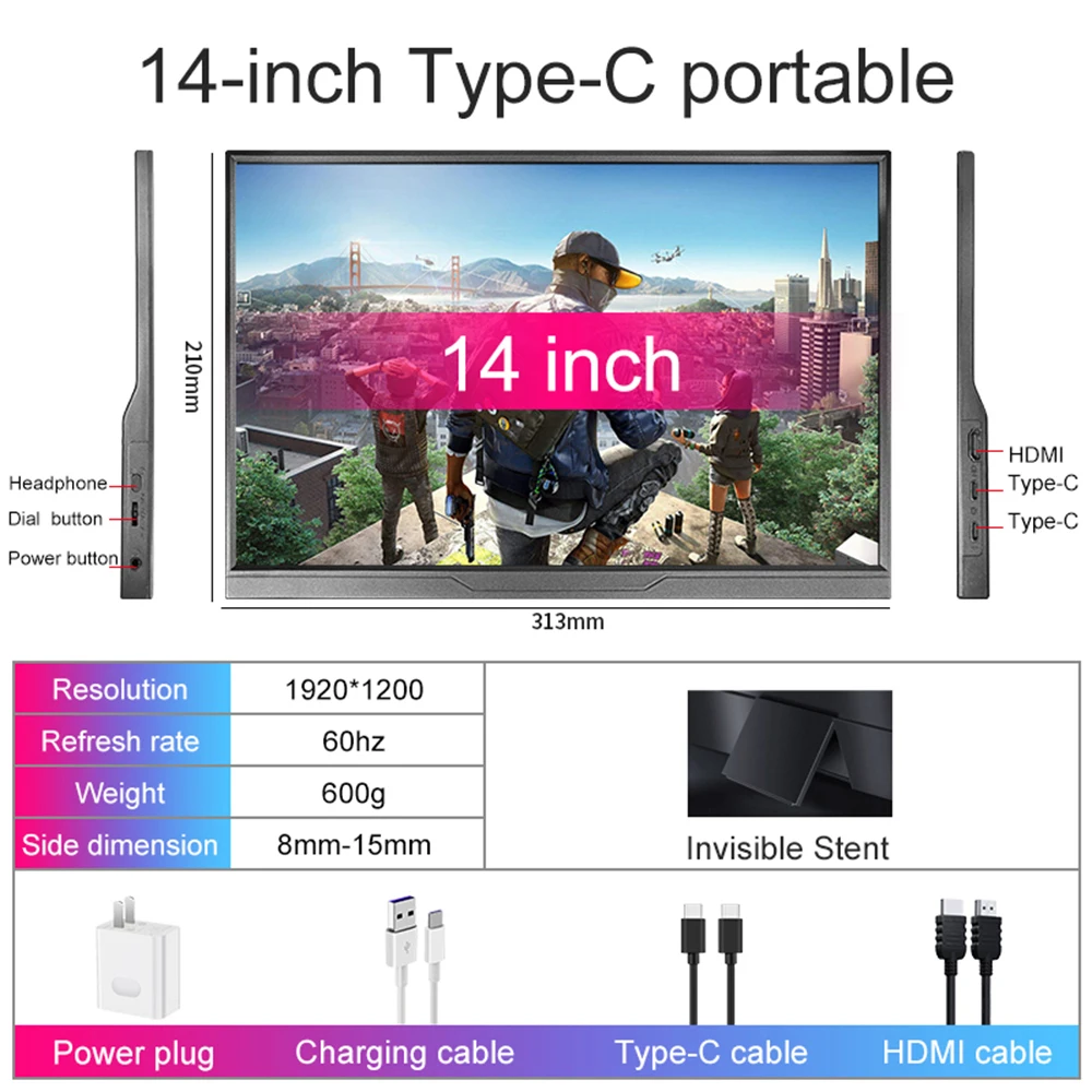 14 Zoll Tragbarer Touchscreen-Monitor Ultra-dünn 1200P IPS USB-C HDMI Externer Zweitbildschirm für Laptop PC