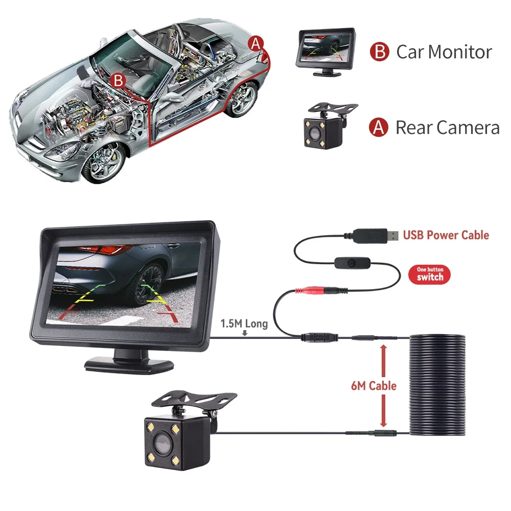 Auto Rückfahr kamera mit Monitor 4,3 Zoll für Fahrzeug parken LED HD – Bild 5