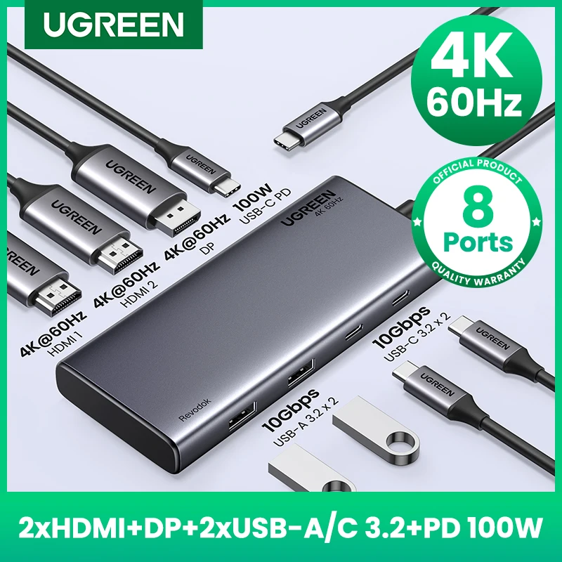 USB-C Hub 8-in-1 für 3 Bildschirme mit HDMI, DP, USB 3.2 und 100 W PD