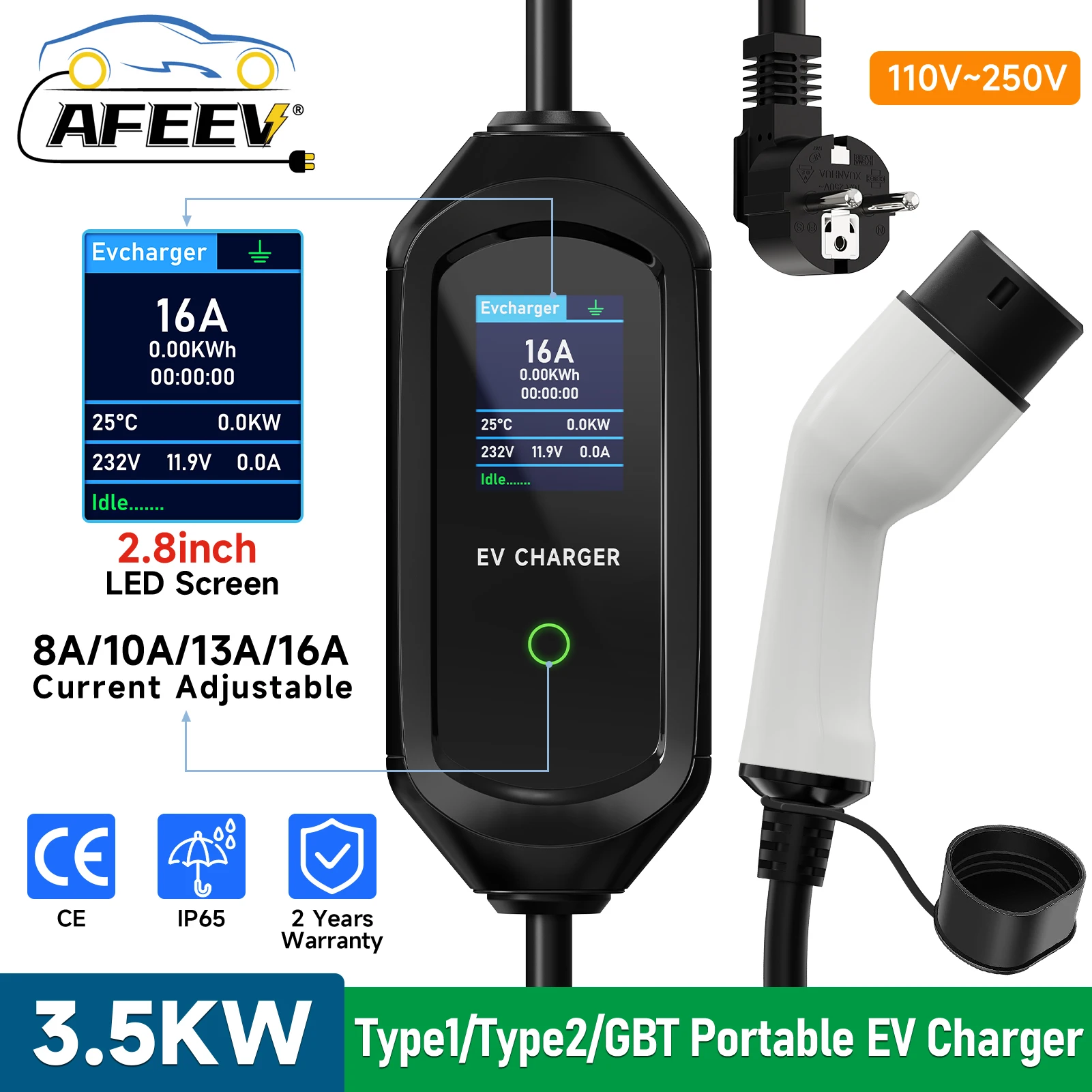 AFEEV Tragbares EV-Ladegerät Typ2 IEC62196-2 16A EVSE Schnellladekabel Typ1 SAE J1772 Wallbox 3,5 kW GBT