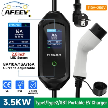 AFEEV Tragbares EV-Ladegerät Typ2 IEC62196-2 16A EVSE Schnellladekabel Typ1 SAE J1772 Wallbox 3,5 kW GBT