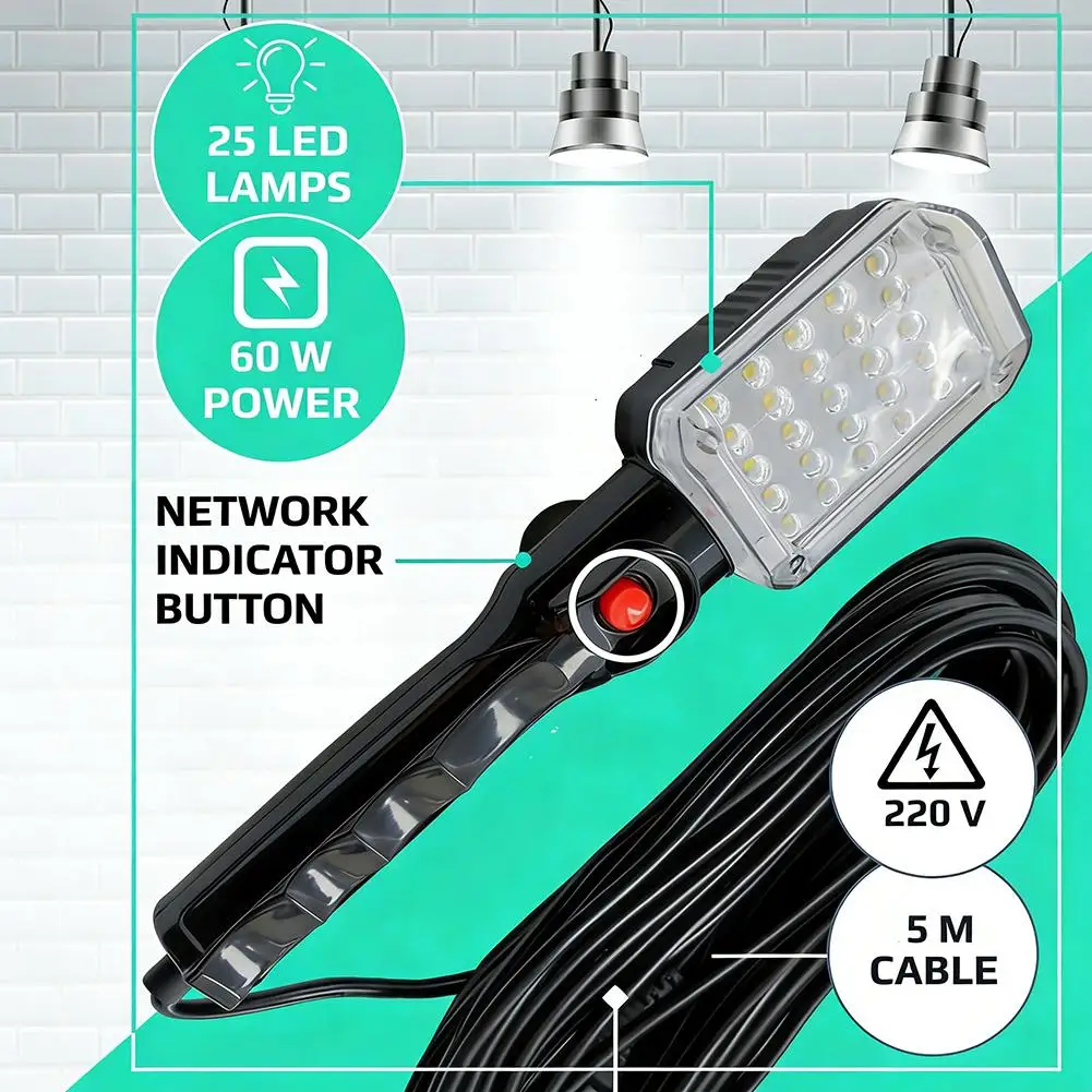 5M Tragbare LED-Arbeitsleuchte mit Magnetfuß & Haken 220V Wartungslampe für Autoreparatur, Garage, Werkstatt