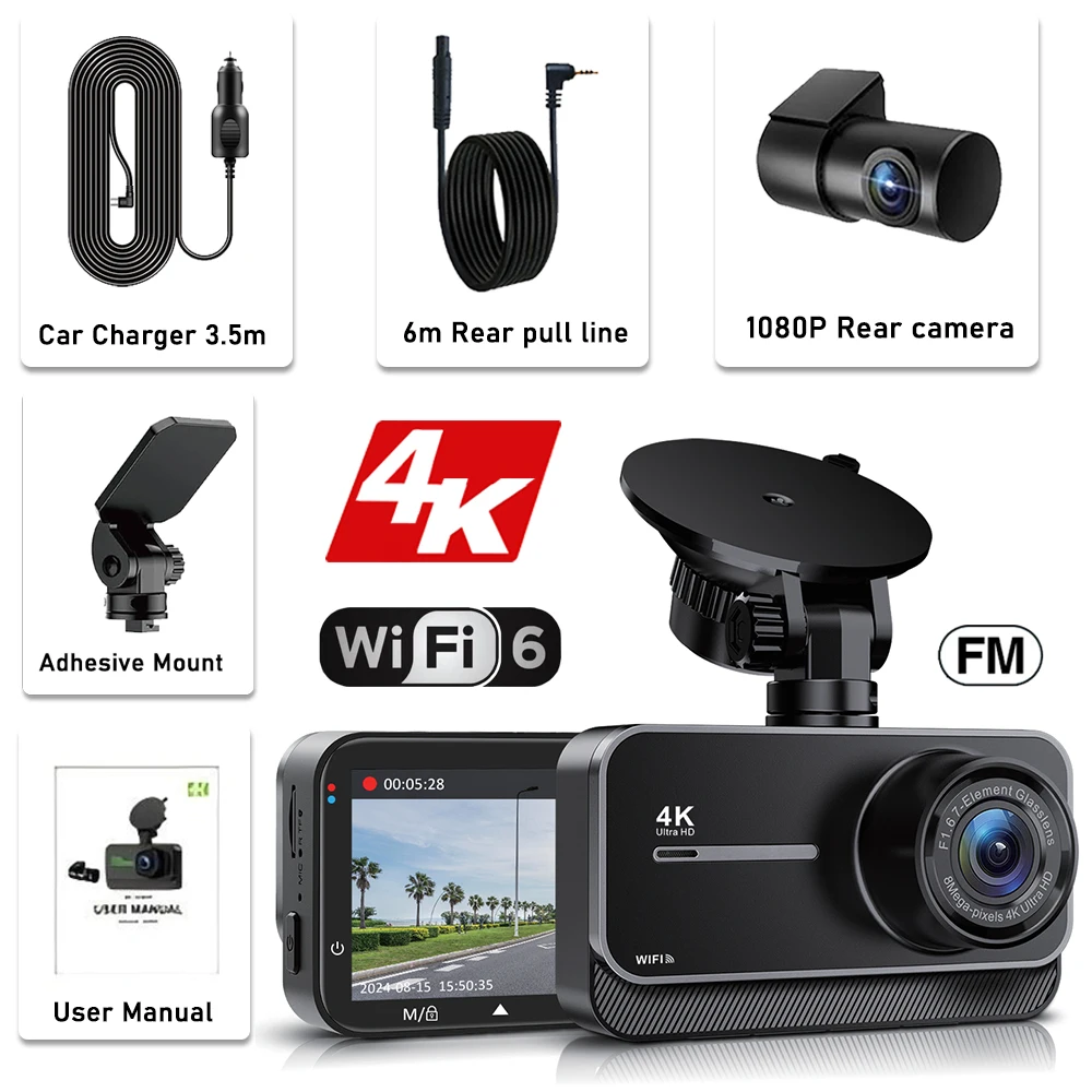 4K Dash Cam für Autos Auto Kamera Dash Cam WIFI Kamera für Auto Vorne und Hinten Dash Kamera Black Box 24H