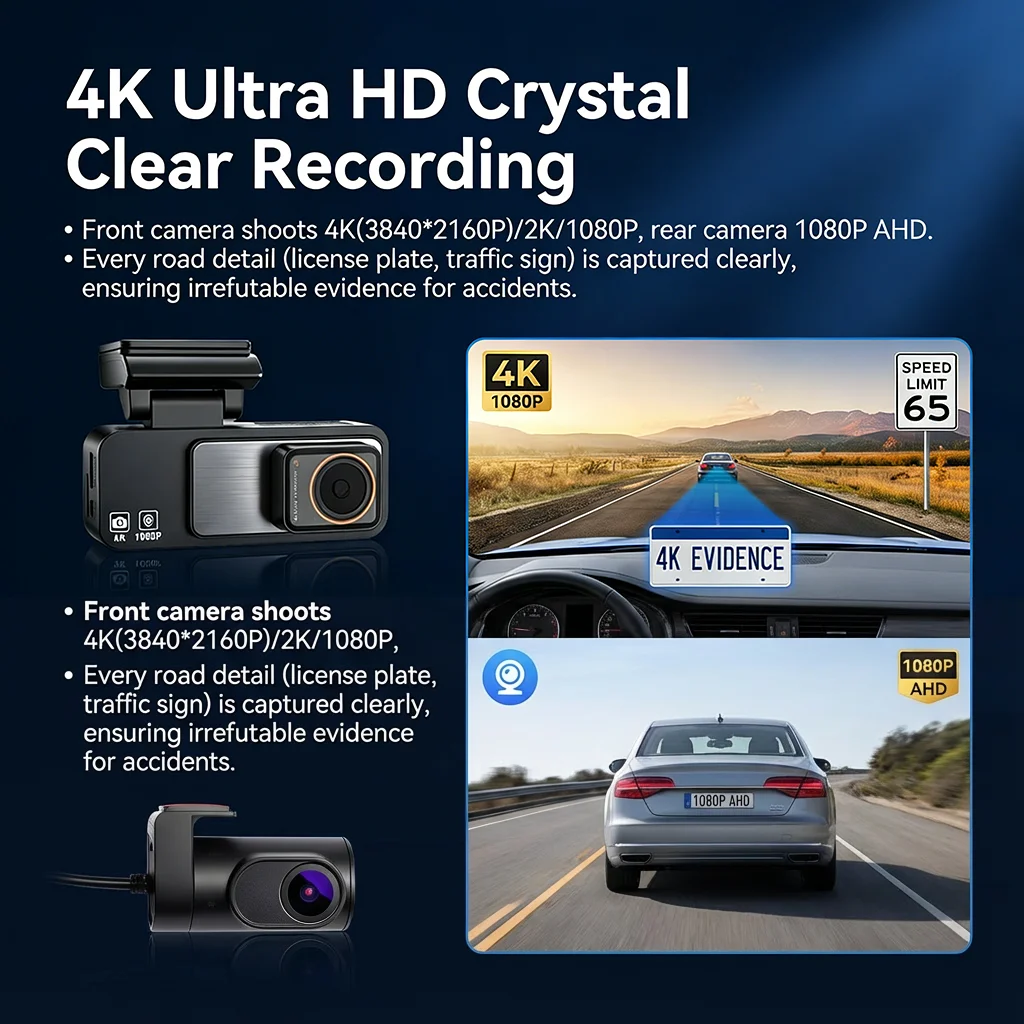 4K Ultra HD 3840*2160P Dashcam mit zwei Kameras, WLAN, Nachtsicht – Bild 2