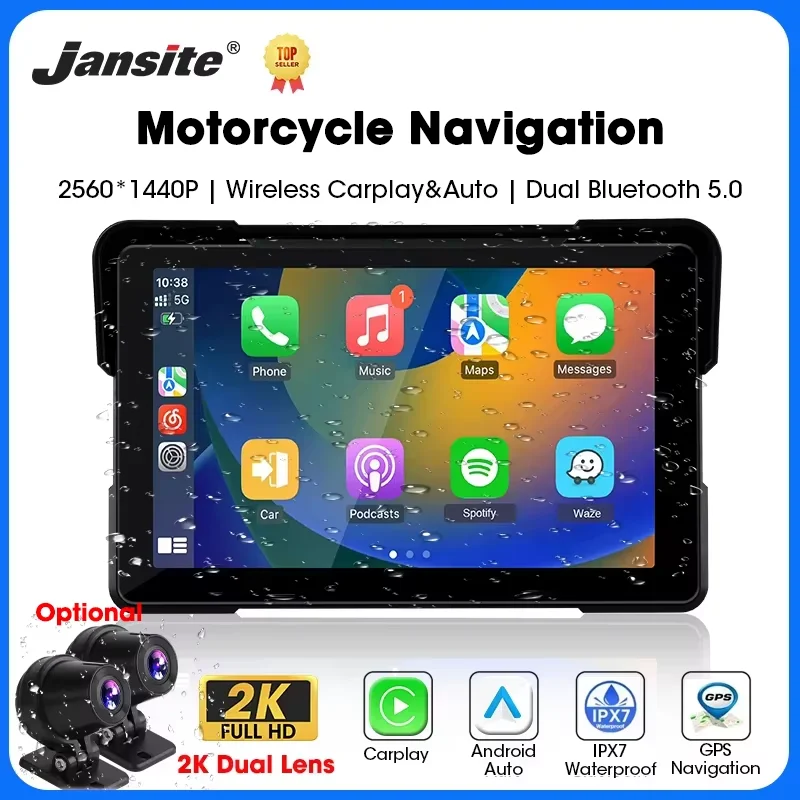 Jansite 5/7 Zoll Carplay Motorrad-DVR-Navigation GPS Wireless CarPlay Android Auto IPX7 Display-Bildschirm