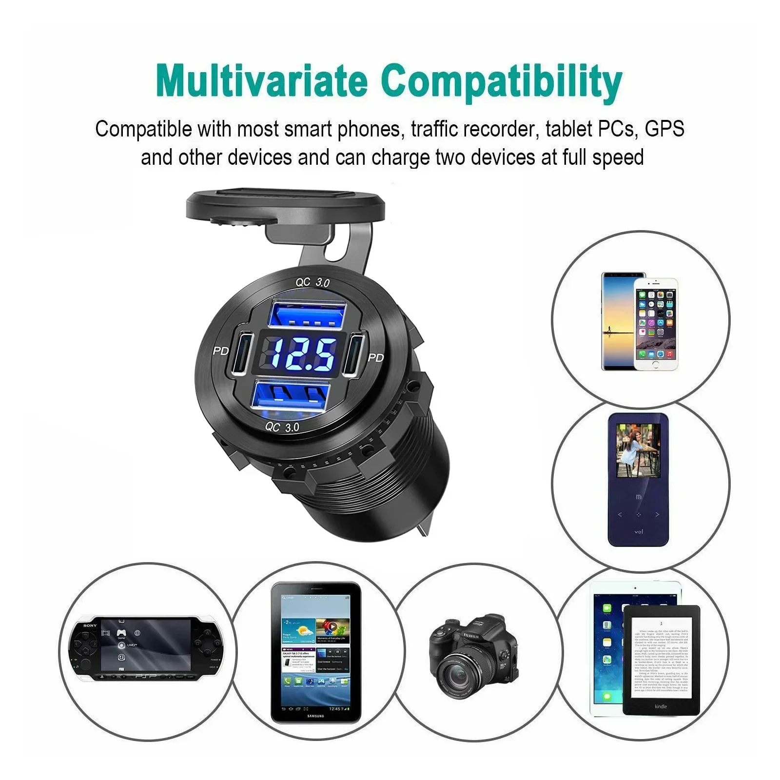 96W Dual PD QC3.0 USB Auto Motorrad Ladegerät mit Voltmeter Buchse – Bild 4