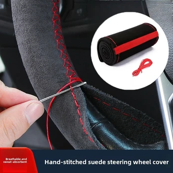 Auto Lenkradbezug Weich Verschleißfest Bequem Verschleißfest Universal Hand Nähen Schwarz Wildleder Leder