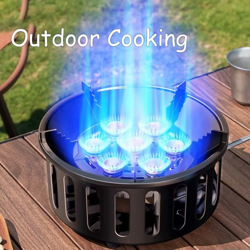 21000 W 7-Kern-Campingkocher, leistungsstarkes, starkes Feuer, tragbarer touristischer Gasbrenner, winddicht