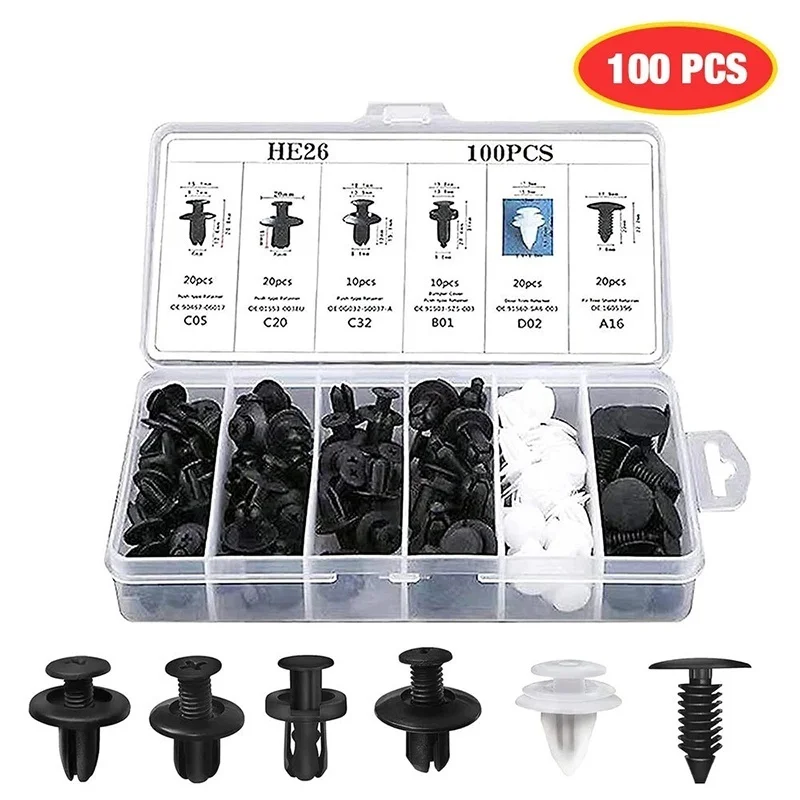 Auto-Befestigungsclip-Set, Kotflügel-Nietclips, Karosserie-Druckstifte, Niete, Stoßstangen (100 Stück)